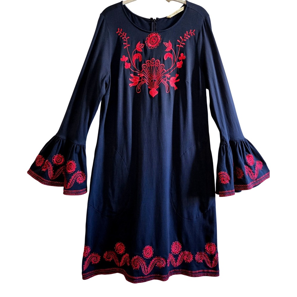 Boho Wayward Fancies eShakti Navy Red Embroidered Bell Sleeve Shift Dress 1X 18W